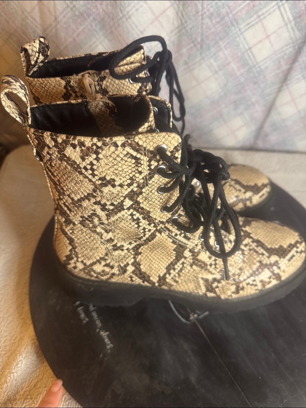 Steve Madden Black and Beige Snake-Print Combat Boot - Picture 3 of 6
